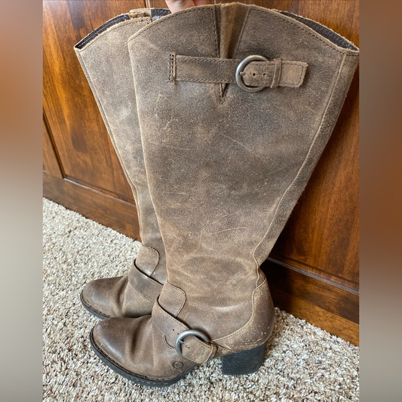 Born Shoes - Born Leather Shaylee Distressed Knee High Riding Boots Brown Size 7.5